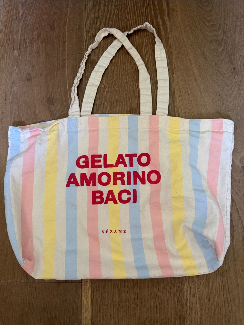 Sezane Striped Canvas Tote with Red Logo — Pink, Blue & Yellow